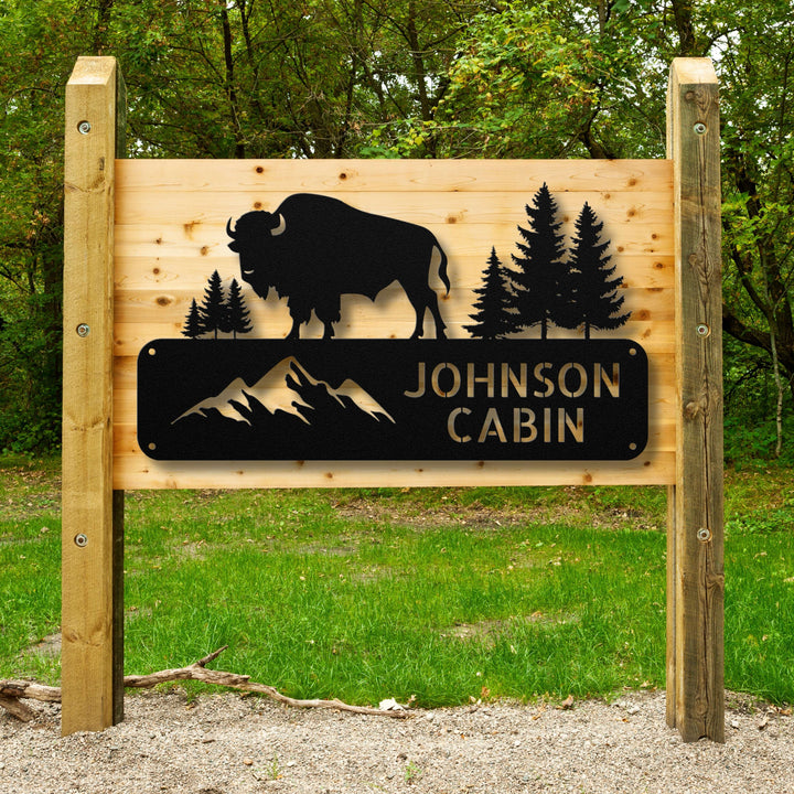 Buffalo and Mountains Metal Address Sign