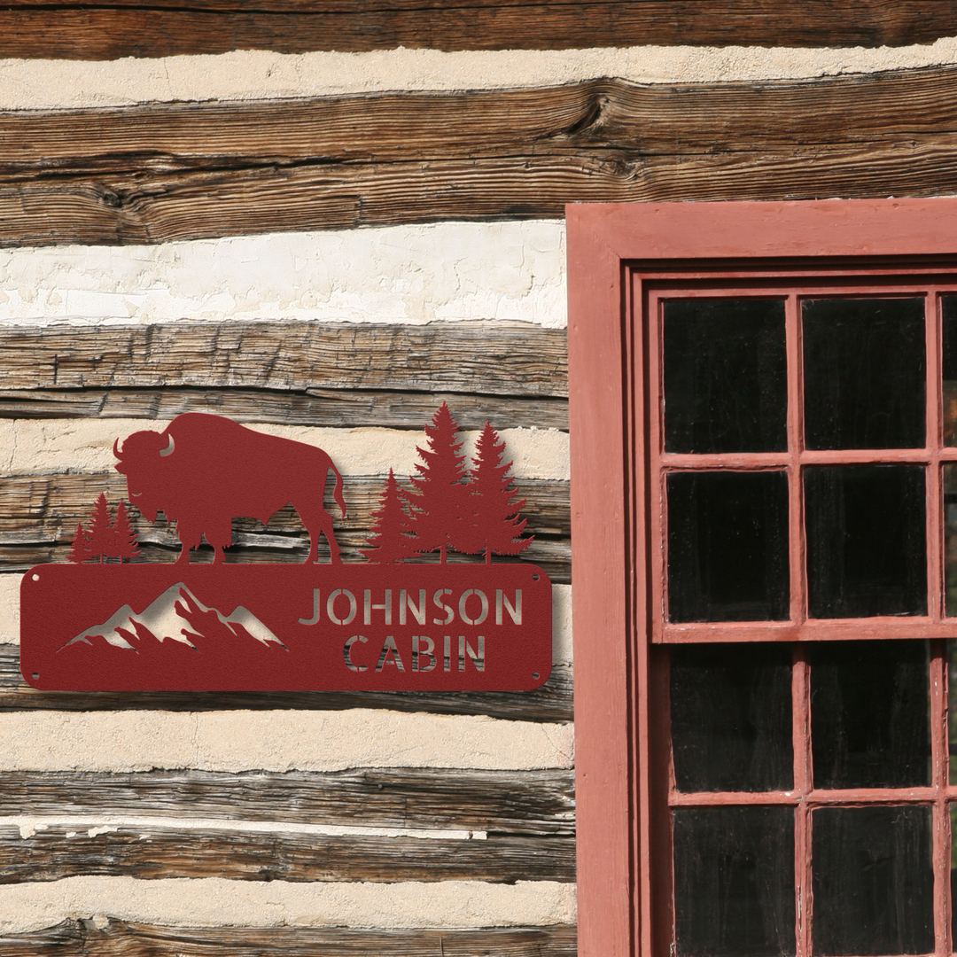 Buffalo and Mountains Metal Address Sign