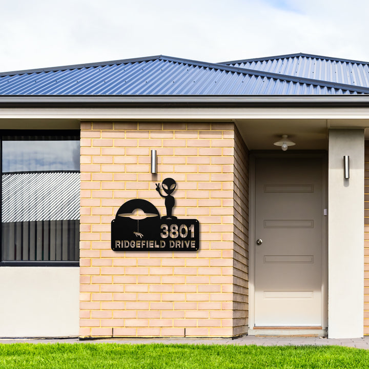 Alien with Spaceship Metal Address Sign