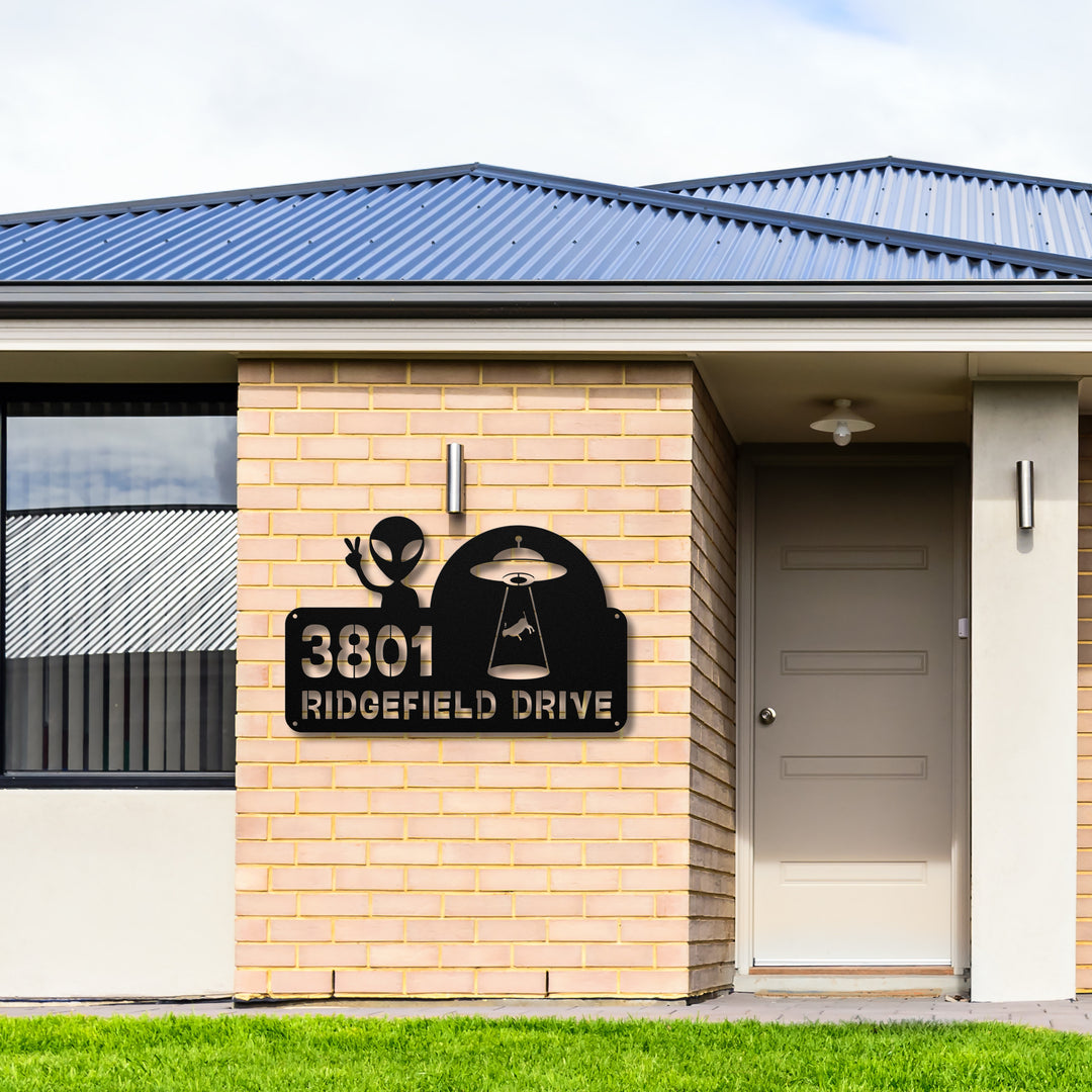 Alien and Spaceship with Cow Metal Address Sign