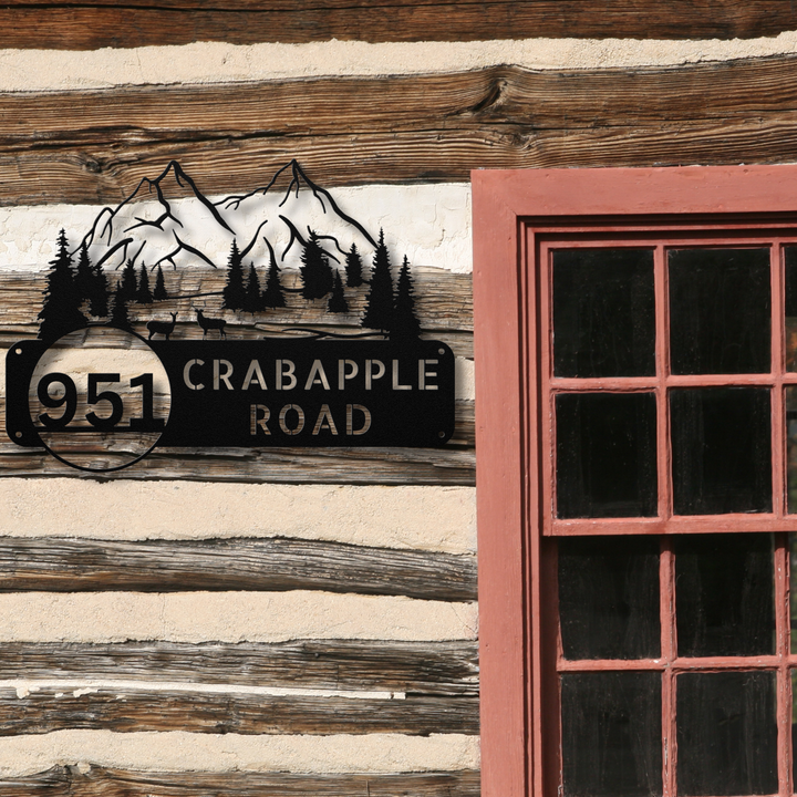 Deer and Mountains Metal Address Sign