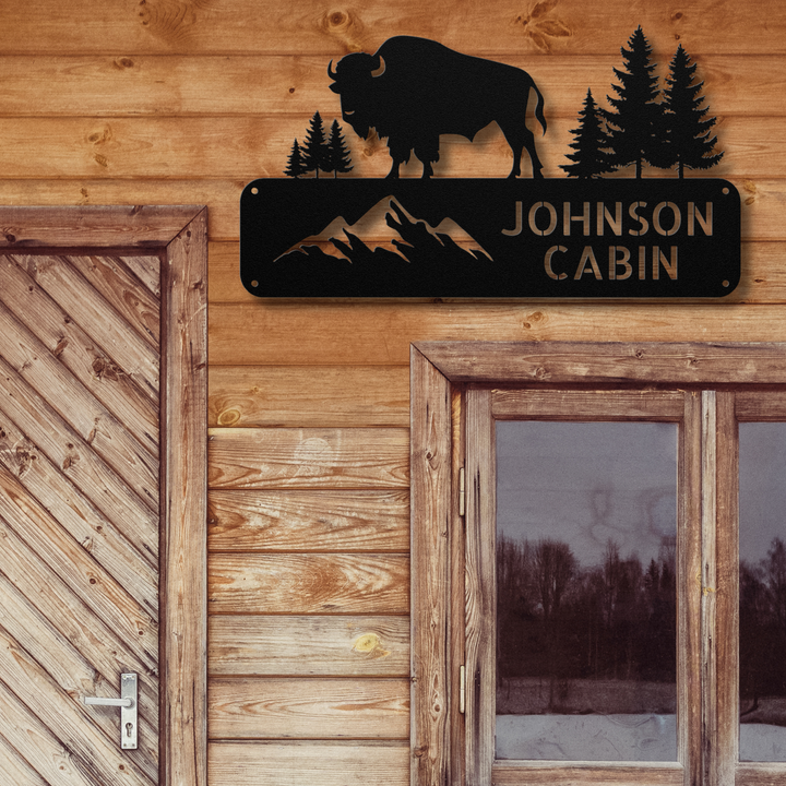 Buffalo and Mountains Metal Address Sign