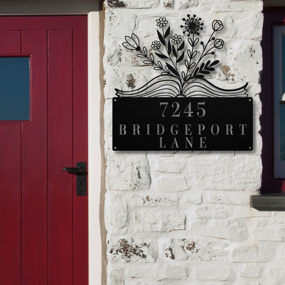 Book with Flowers Metal Address Sign