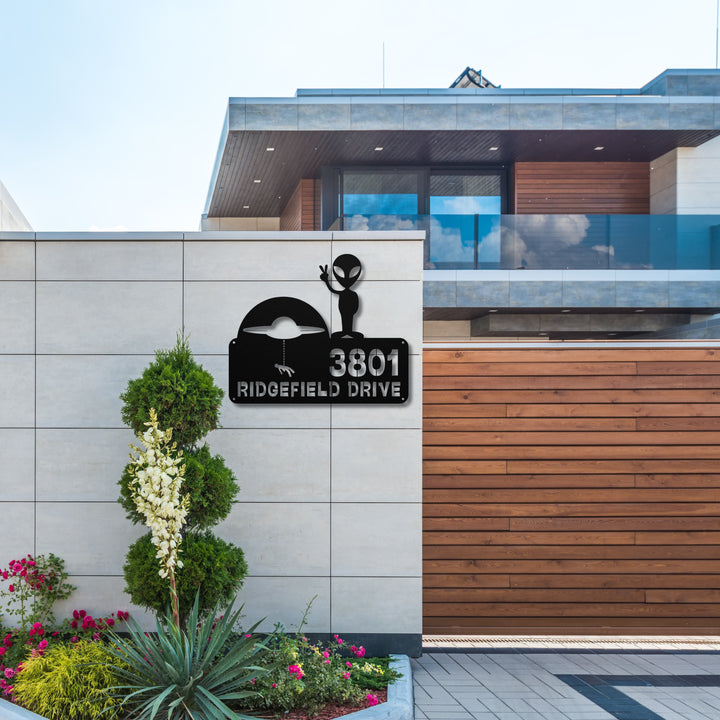 Alien with Spaceship Metal Address Sign
