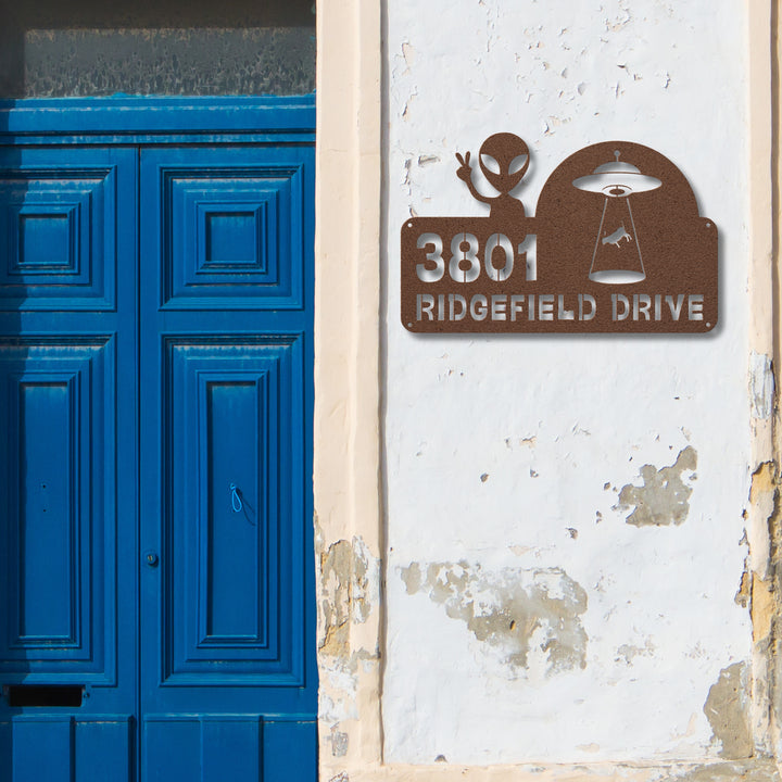 Alien and Spaceship with Cow Metal Address Sign