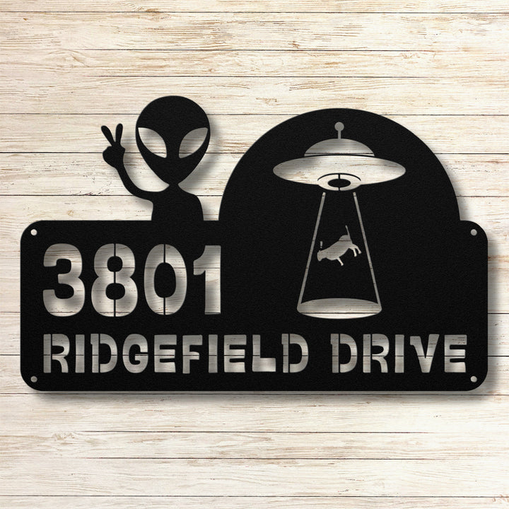 Alien and Spaceship with Cow Metal Address Sign