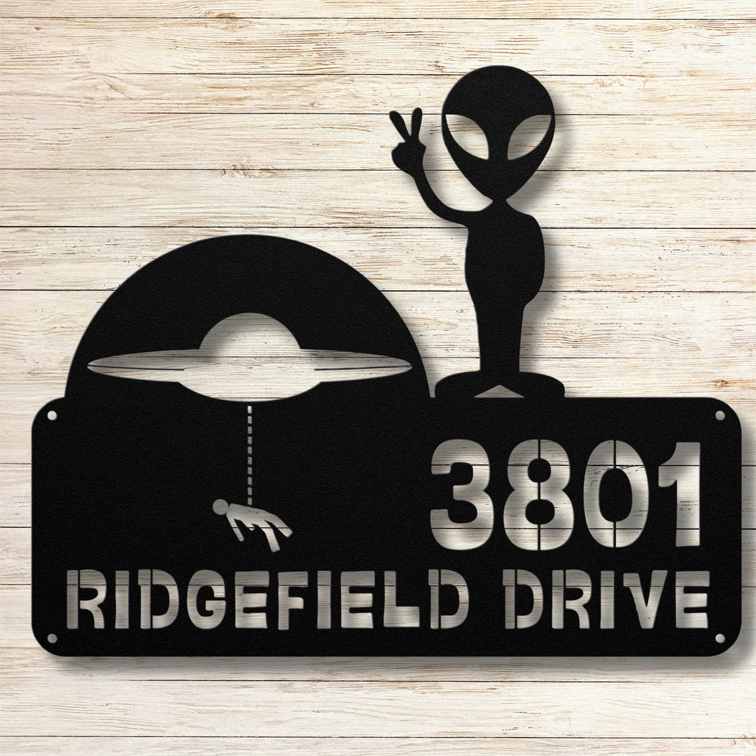 Alien with Spaceship Metal Address Sign