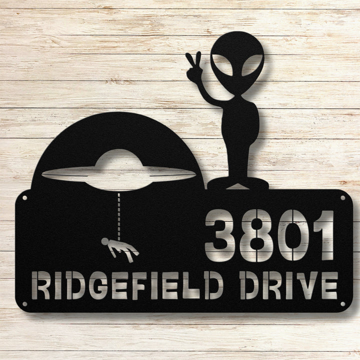 Alien with Spaceship Metal Address Sign