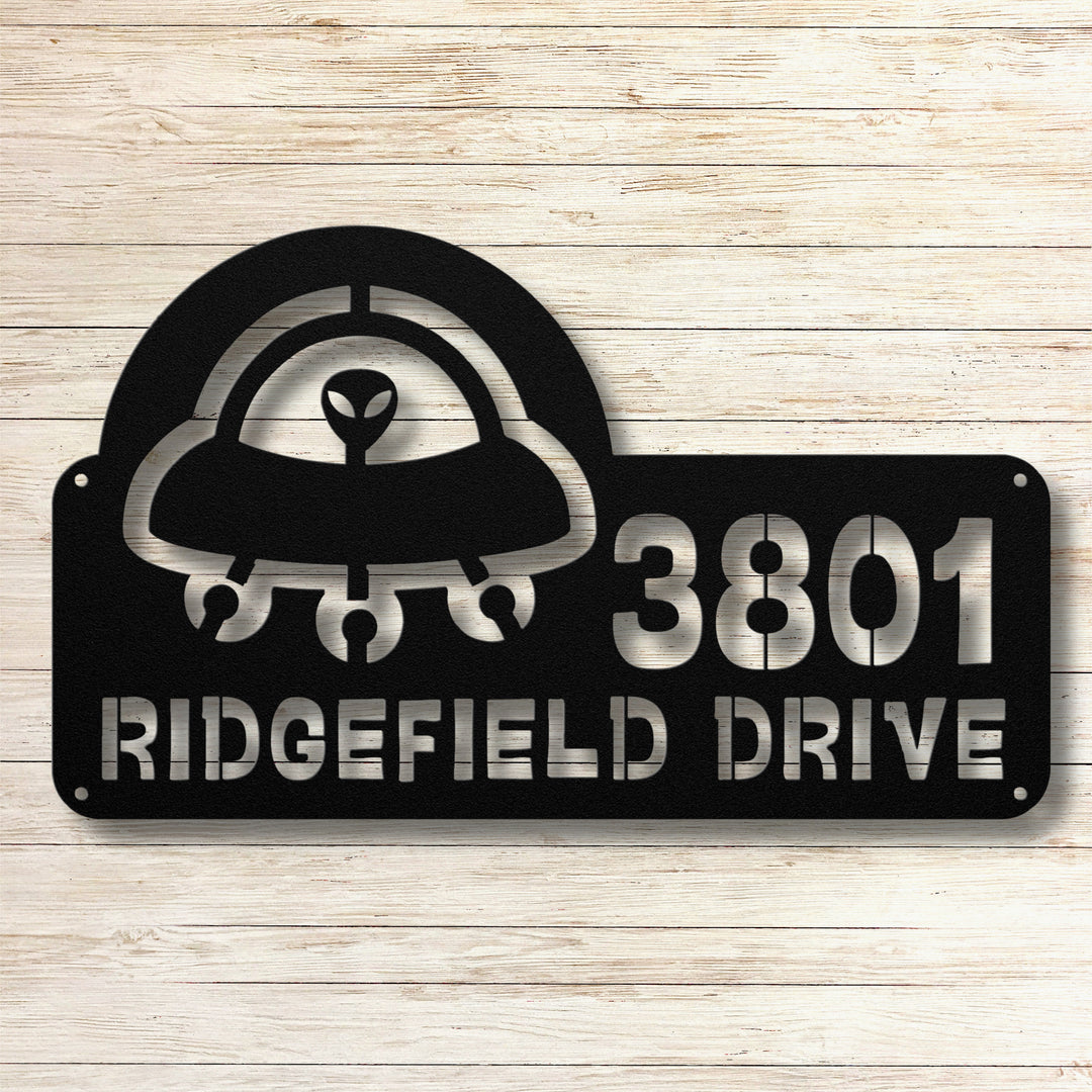 Alien with Spaceship Metal Address Sign