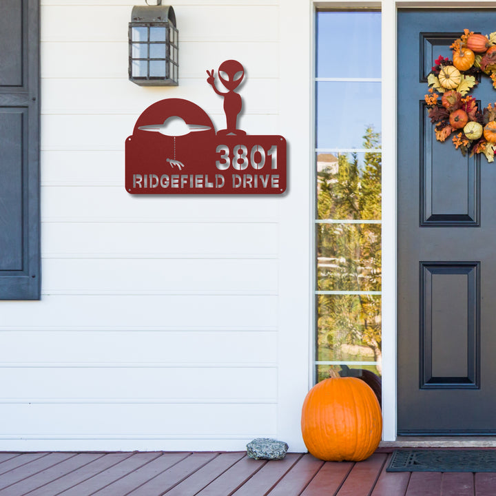 Alien with Spaceship Metal Address Sign