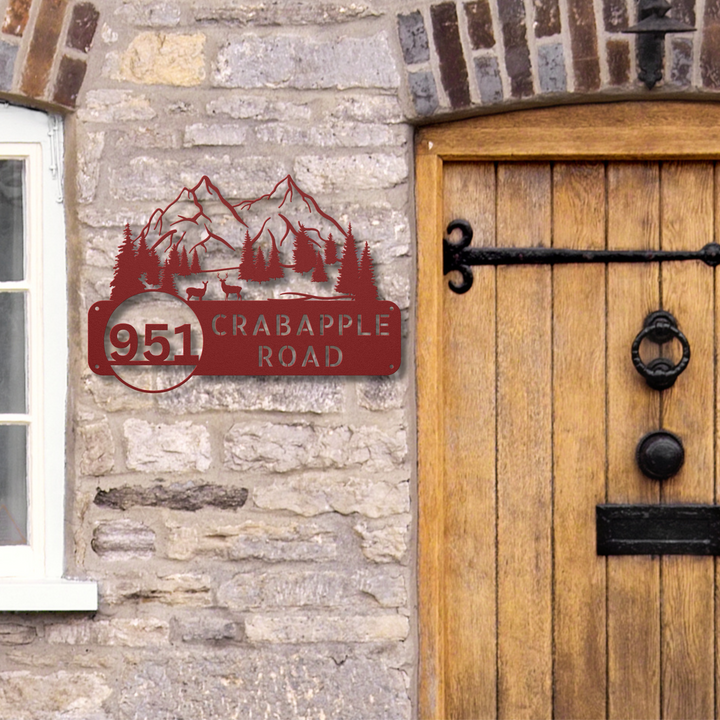 Deer and Mountains Metal Address Sign