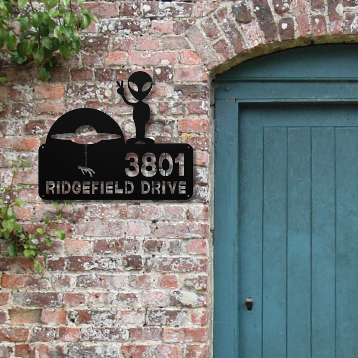 Alien with Spaceship Metal Address Sign