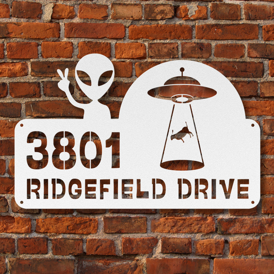 Alien and Spaceship with Cow Metal Address Sign