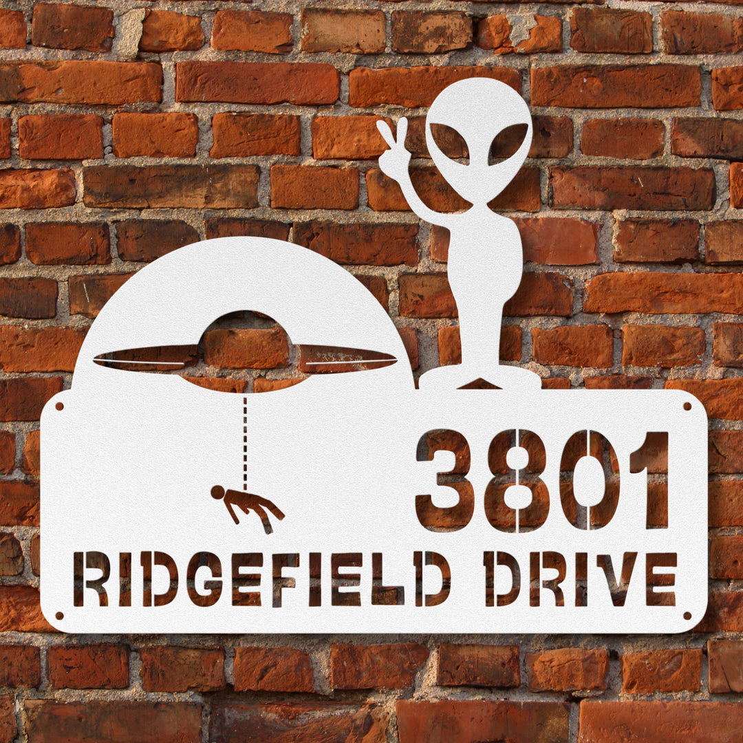 Alien with Spaceship Metal Address Sign