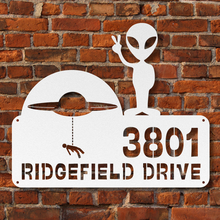 Alien with Spaceship Metal Address Sign