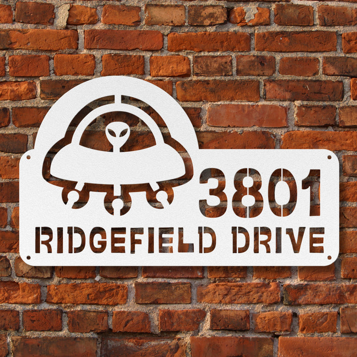 Alien with Spaceship Metal Address Sign