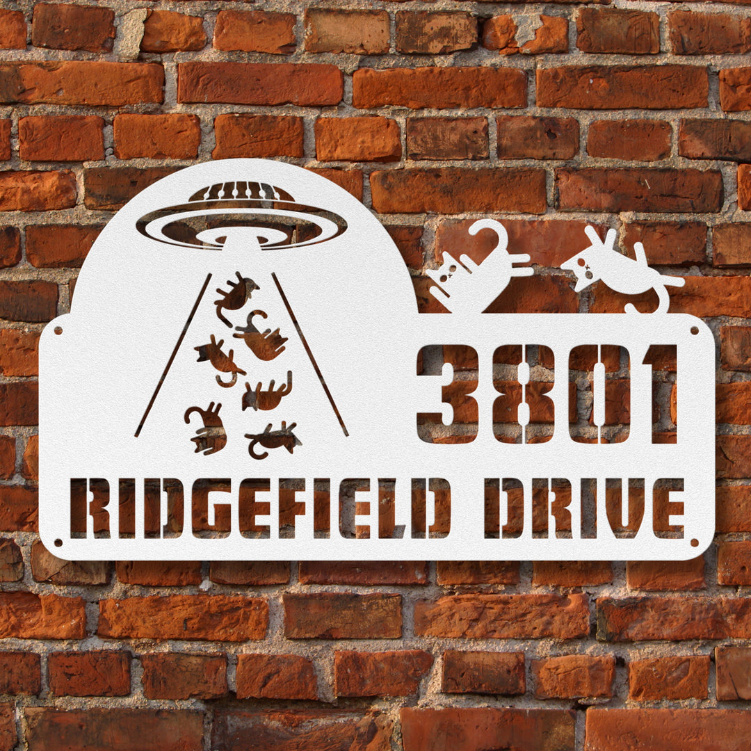 Spaceship with Cats Metal Address Sign