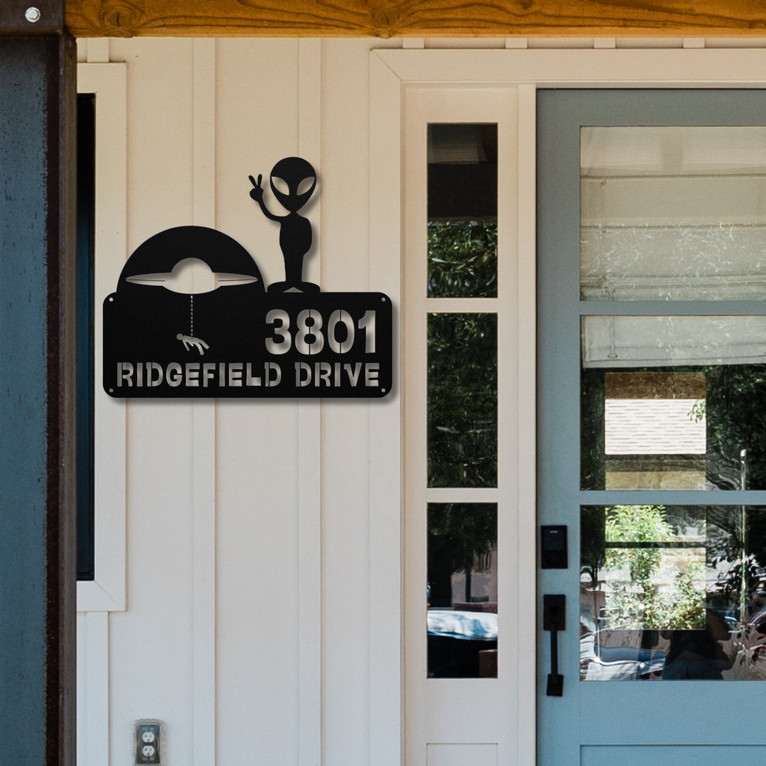 Alien with Spaceship Metal Address Sign