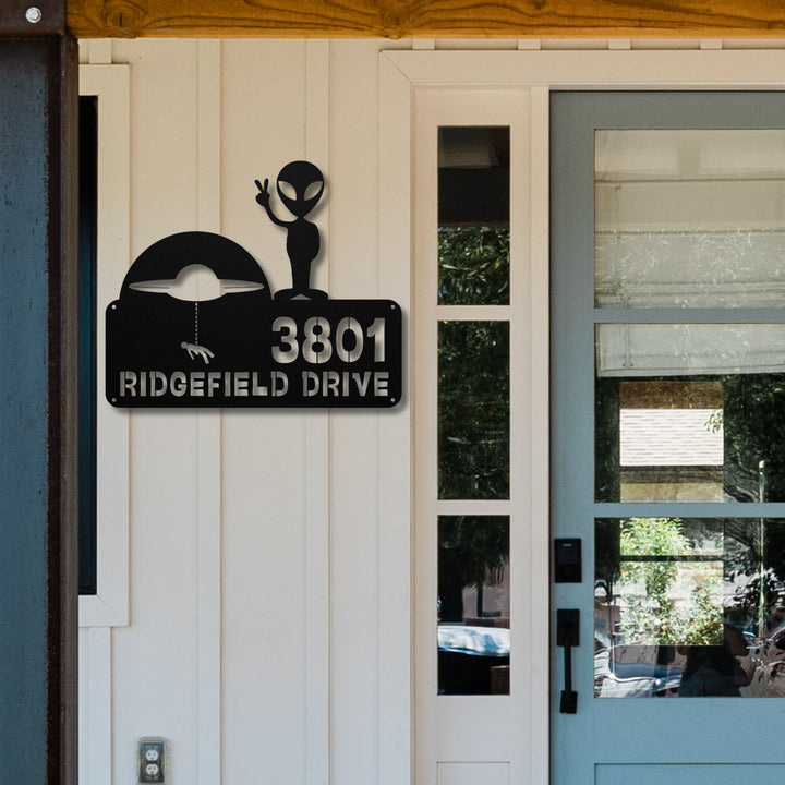 Alien with Spaceship Metal Address Sign