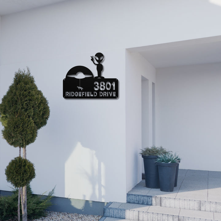 Alien with Spaceship Metal Address Sign