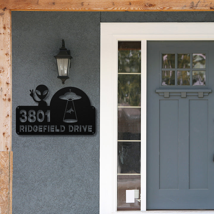 Alien and Spaceship with Cow Metal Address Sign