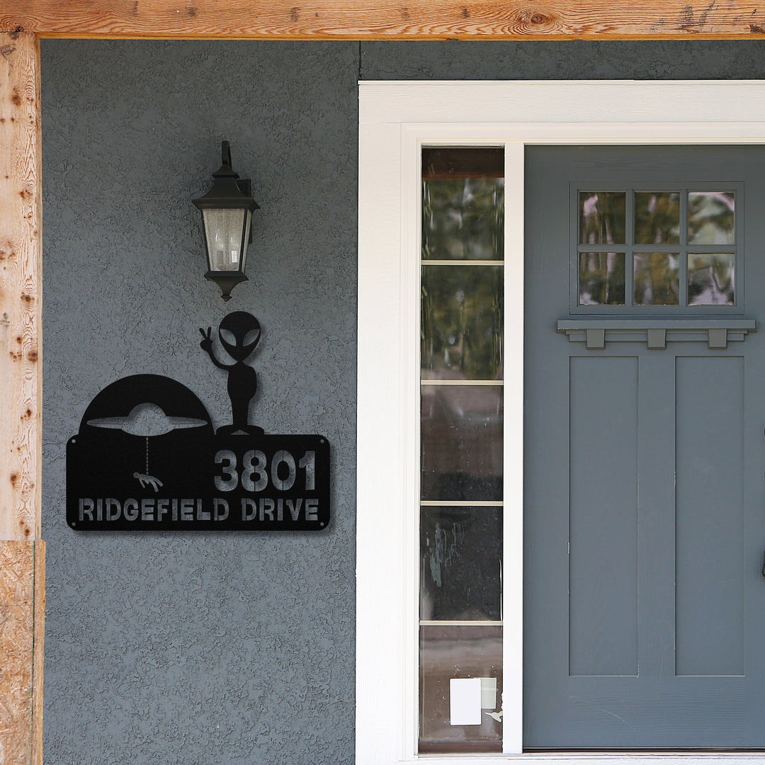 Alien with Spaceship Metal Address Sign