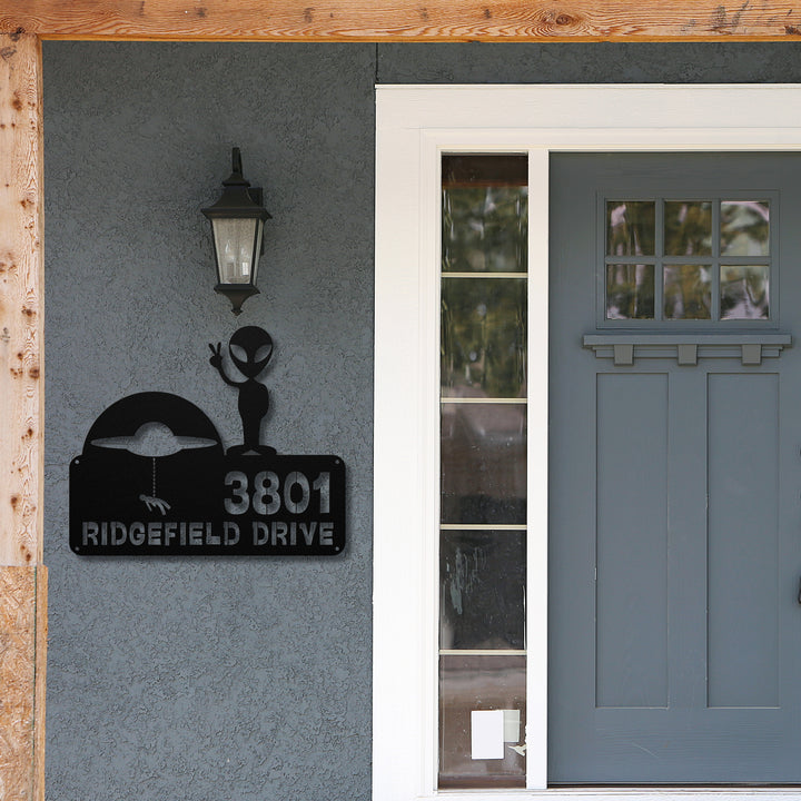 Alien with Spaceship Metal Address Sign