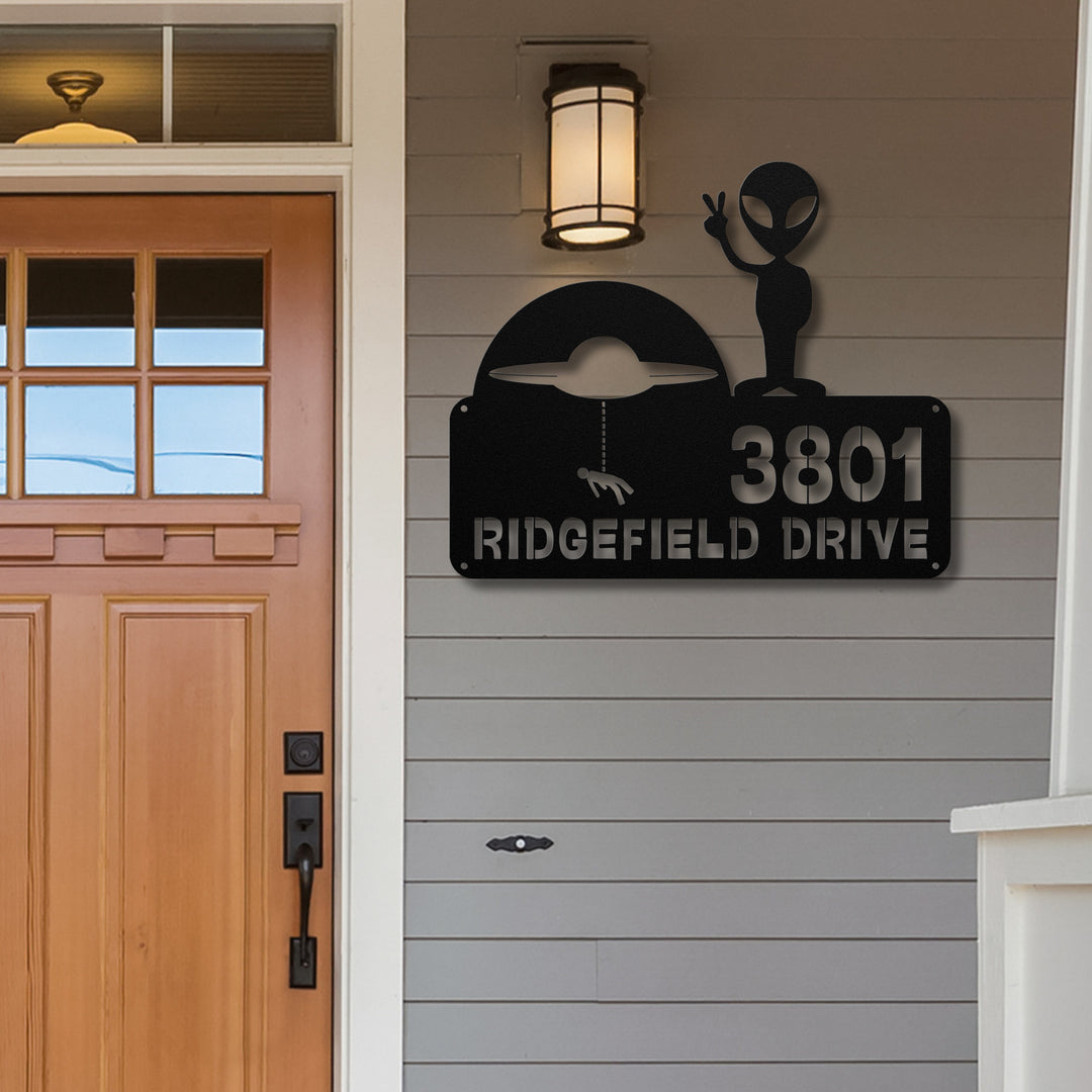 Alien with Spaceship Metal Address Sign