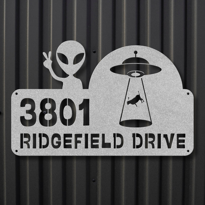 Alien and Spaceship with Cow Metal Address Sign