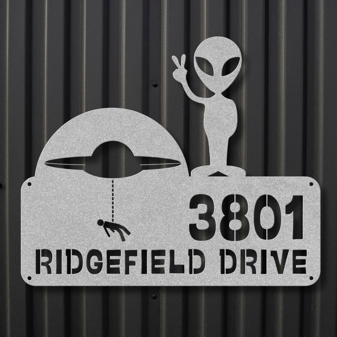 Alien with Spaceship Metal Address Sign