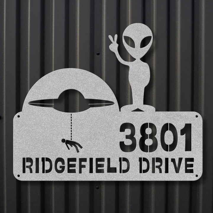 Alien with Spaceship Metal Address Sign