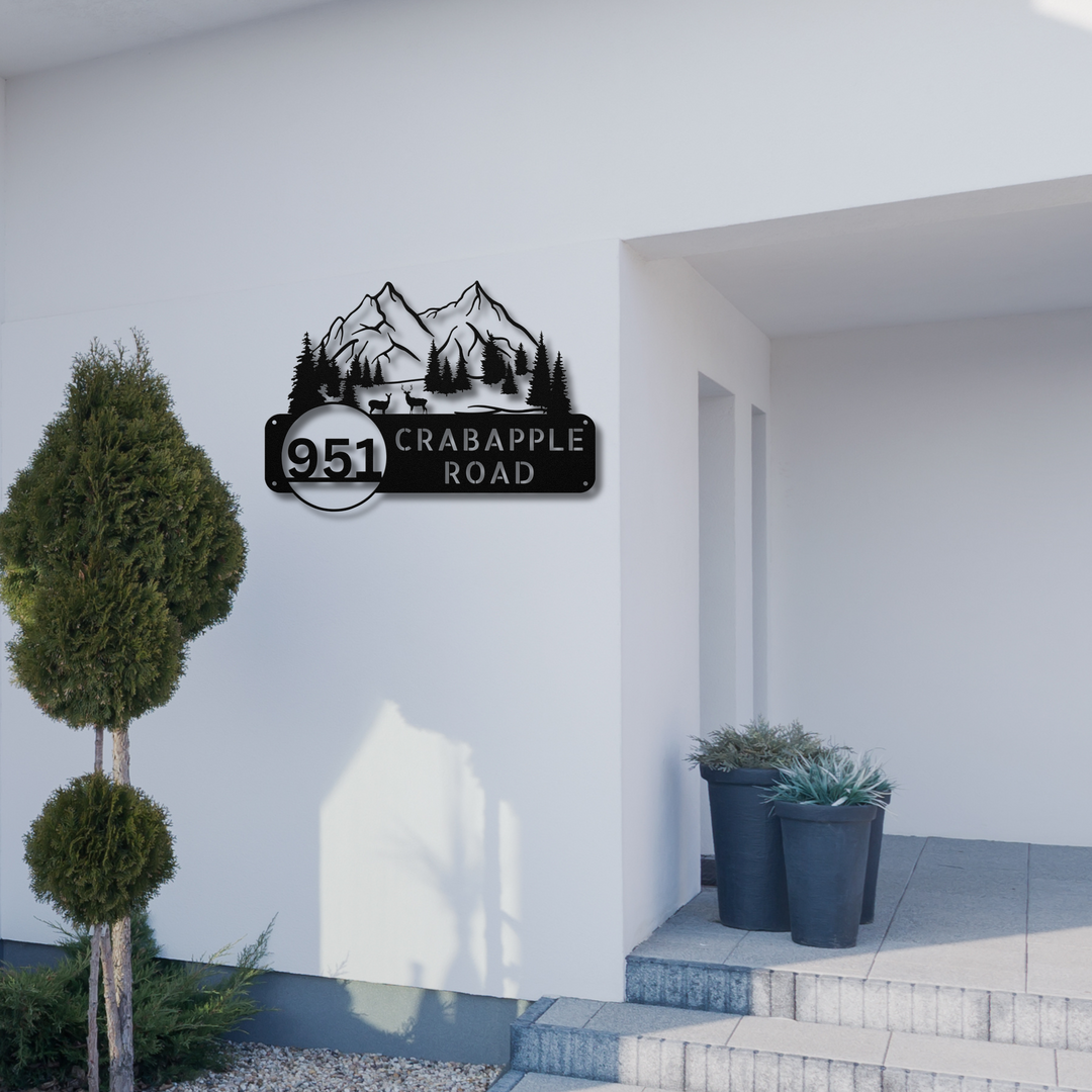 Deer and Mountains Metal Address Sign