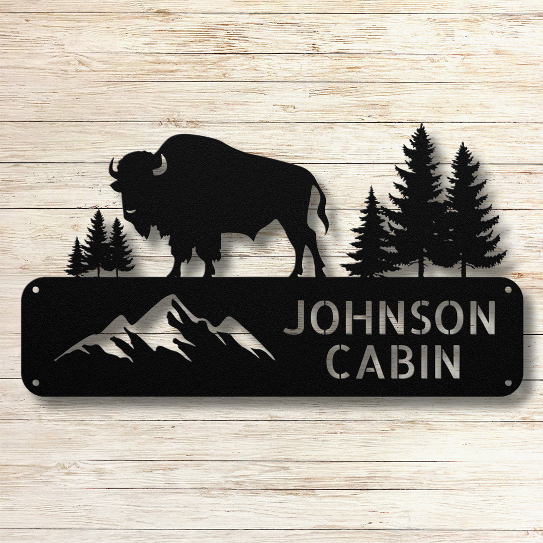 Buffalo and Mountains Metal Address Sign