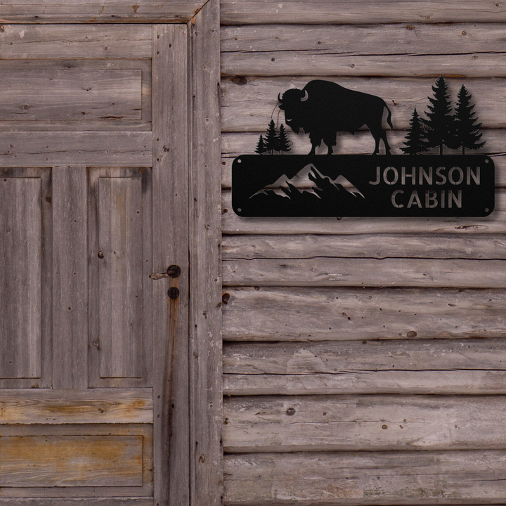 Buffalo and Mountains Metal Address Sign