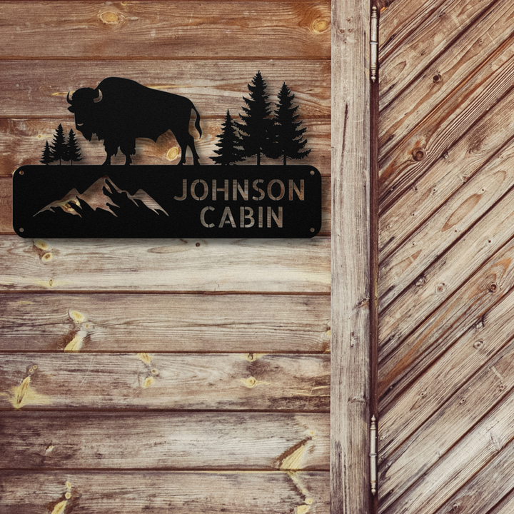 Buffalo and Mountains Metal Address Sign