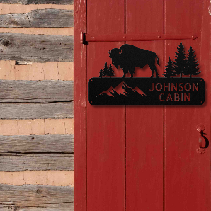 Buffalo and Mountains Metal Address Sign