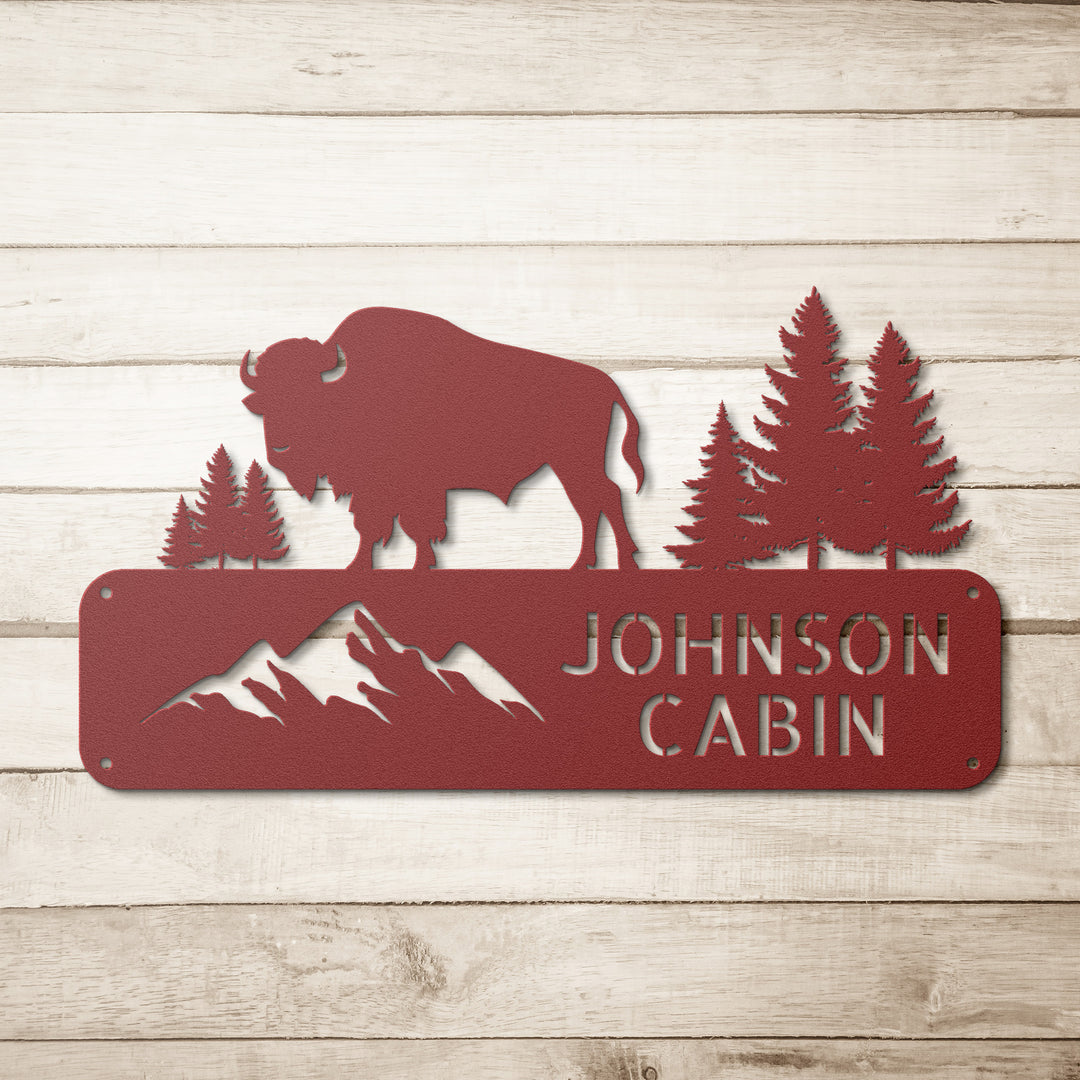 Buffalo and Mountains Metal Address Sign