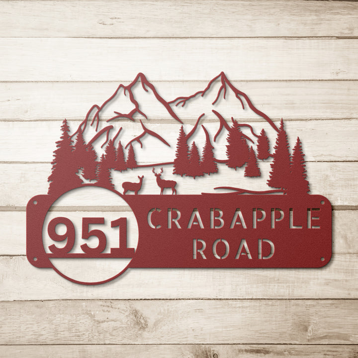 Deer and Mountains Metal Address Sign