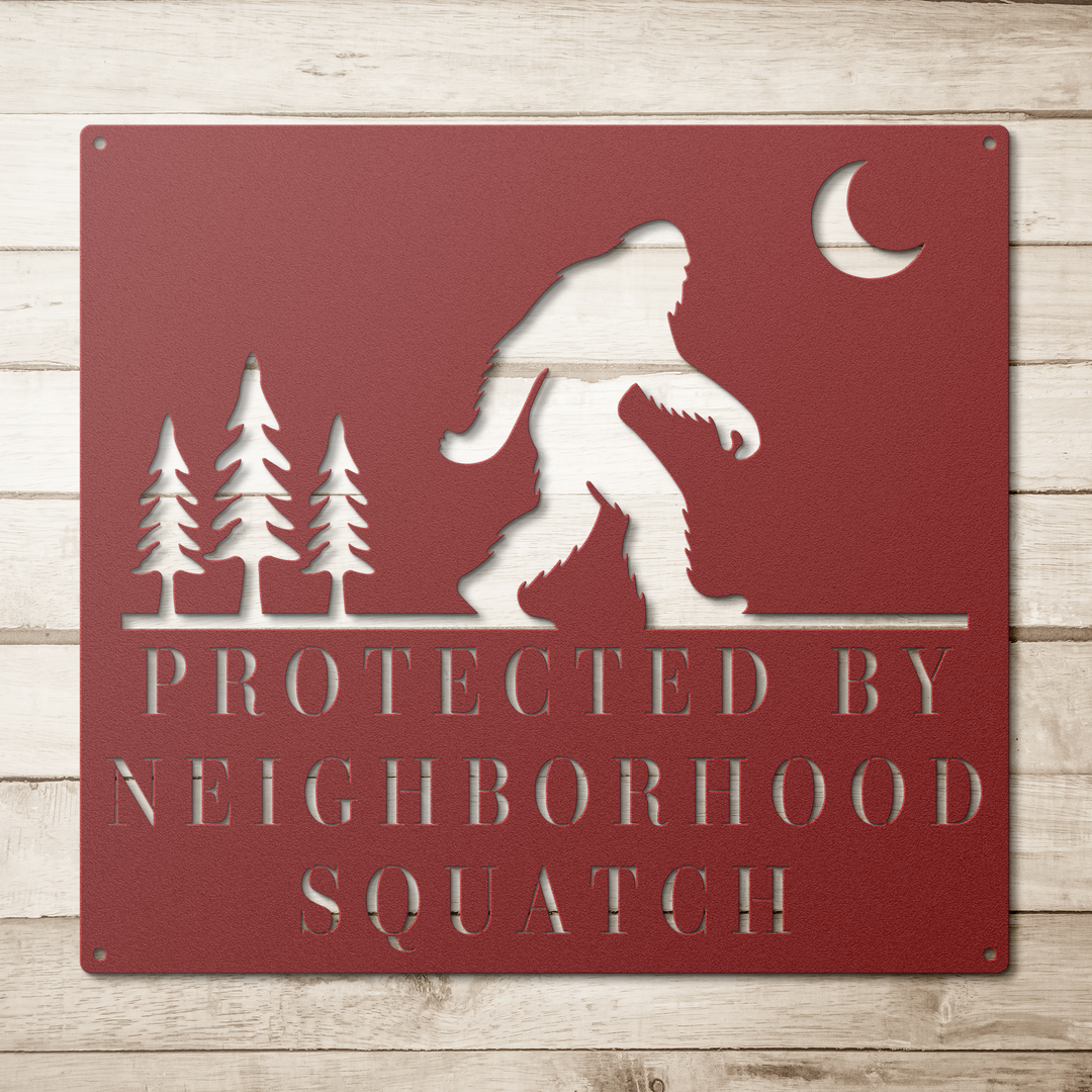 Neighborhood_Squatch_Metal_Sign_Red_Simple_Wood_BKGD_Mockup.png