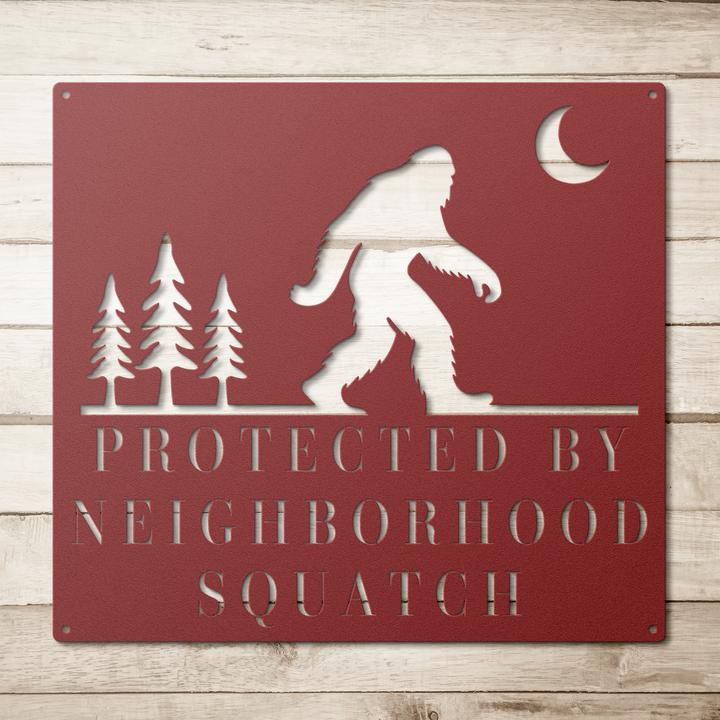 Neighborhood_Squatch_Metal_Sign_Red_Simple_Wood_BKGD_Mockup.png