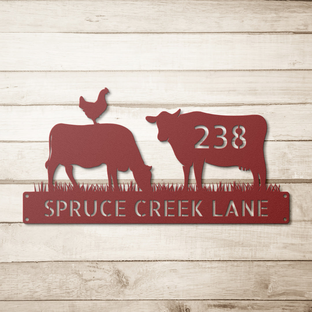 Two Cows and Chicken Metal Address Sign